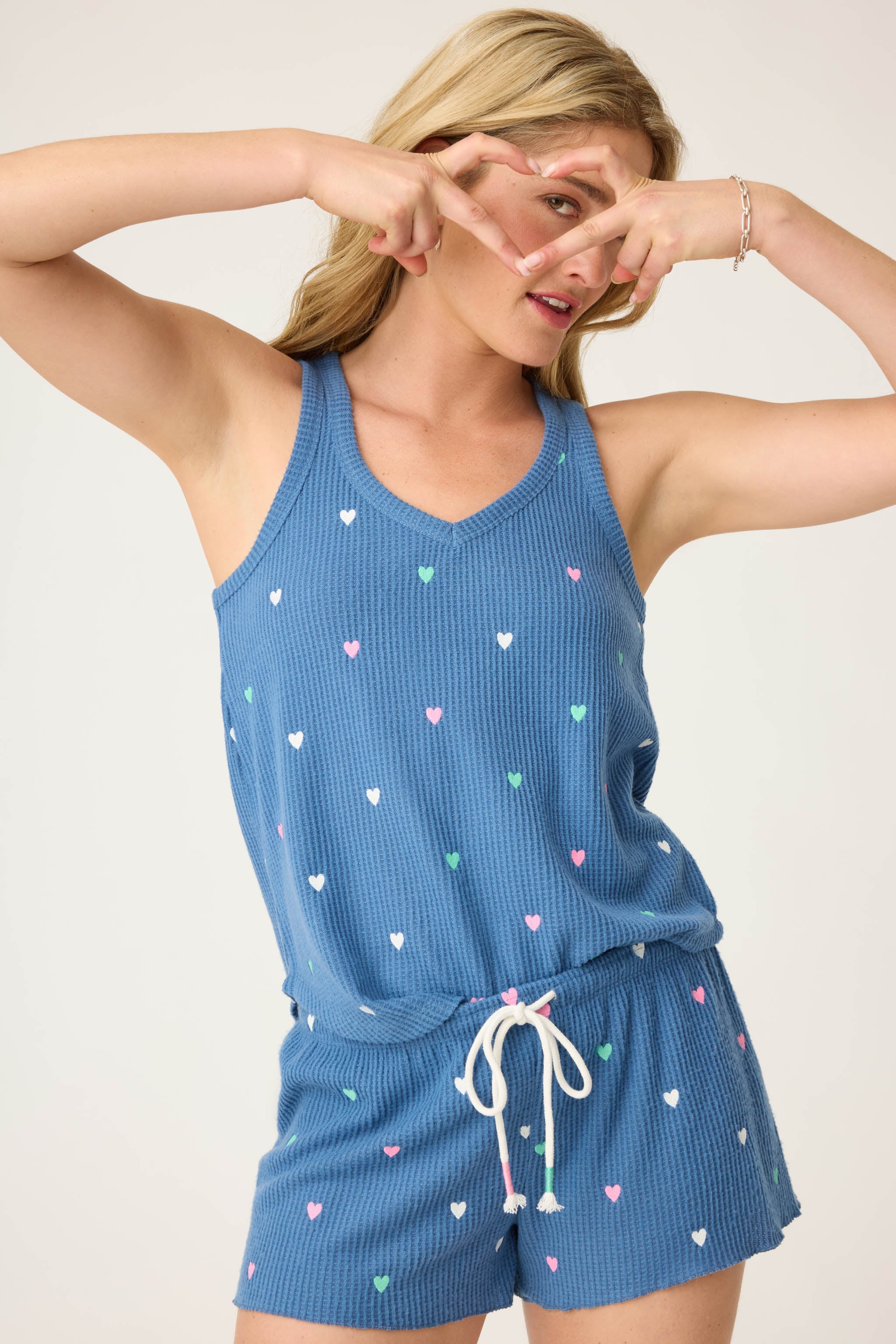 Love Club Waffle Knit Shorts with Embroidered Hearts