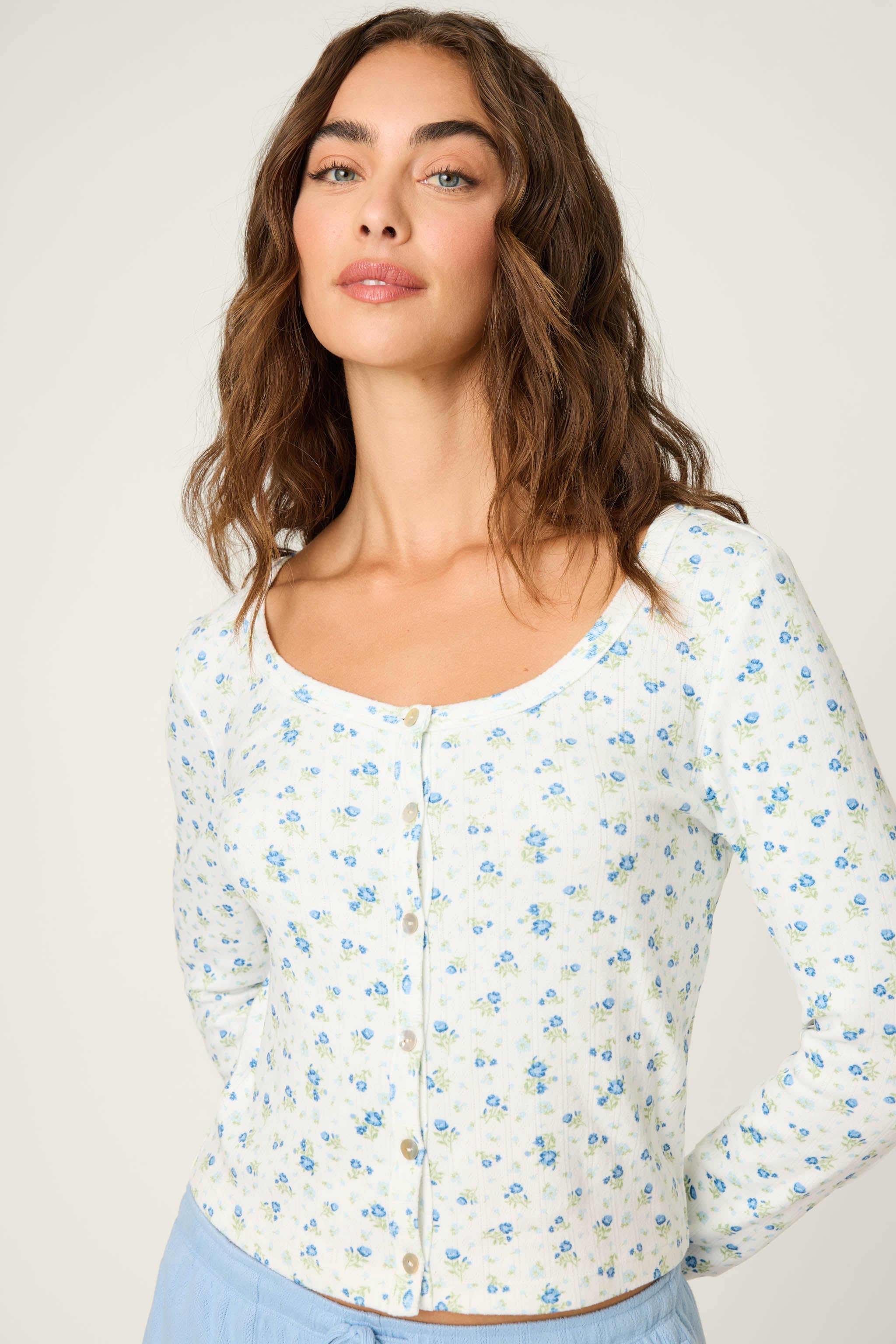 More Amour Ditsy Floral Long Sleeve Pointelle Top